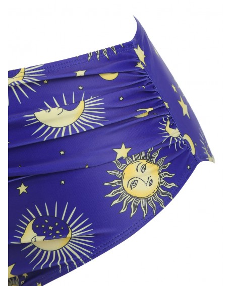 Plus Size Sun Moons Print Ruffle Tankini Set - Blue L