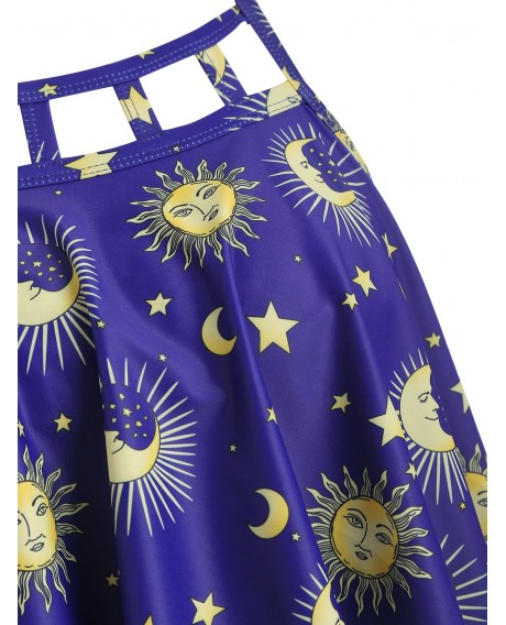 Plus Size Sun Moons Print Ruffle Tankini Set - Blue L