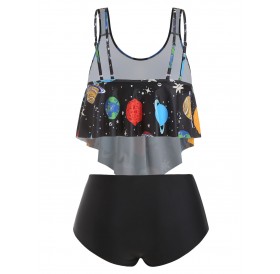 Plus Size Starry Sky Print Overlay Tankini Swimsuit - Black L