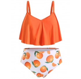 Plus Size Ruffled Orange Print Tankini Set - Pumpkin Orange L