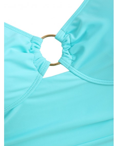 Plus Size Ruched O Ring Embellished Tankini Set - Macaw Blue Green 1x