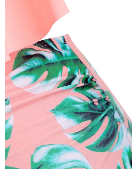 Plus Size Halter Ruffled Palm Print Tankini Set - Pink L