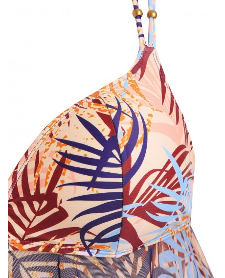 Plus Size Leaf Print Mesh Handkerchief Tankini Set -  L