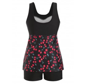 Cherry Print Contrast Plus Size Tankini Swimsuit - Black 3x