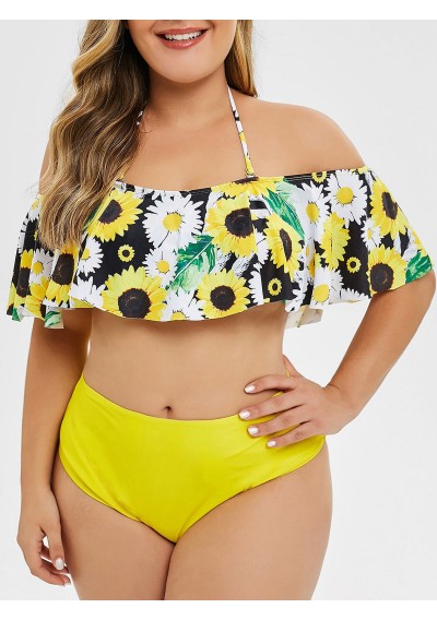 Sunflower Contrast Overlay Flounces Plus Size Bikini Set - Yellow L