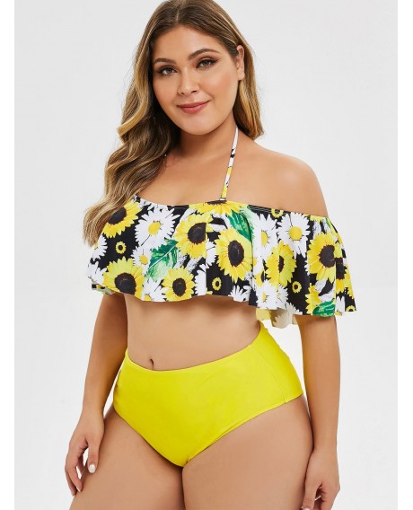 Sunflower Contrast Overlay Flounces Plus Size Bikini Set - Yellow L