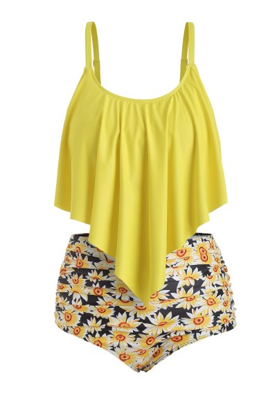 Plus Size Ruffled Sunflower Print Bikini Set - Yellow 1x