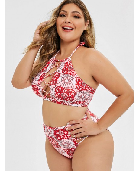 Printed Lattice Halter Plus Size Bikini Set - Ruby Red 5x