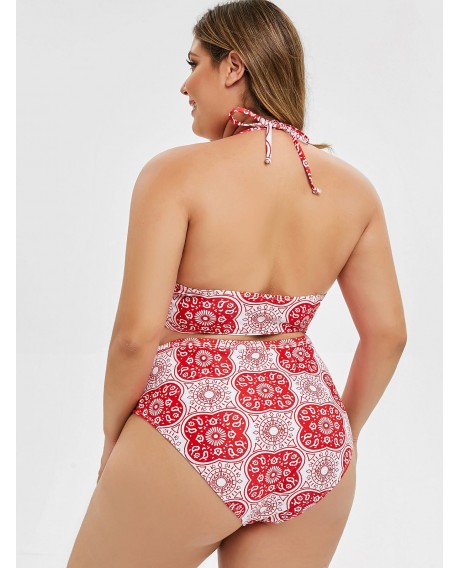 Printed Lattice Halter Plus Size Bikini Set - Ruby Red 5x