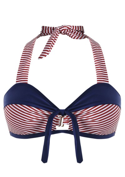 Plus Size Striped Halter Neck Swim Bra - Navy Blue Top L