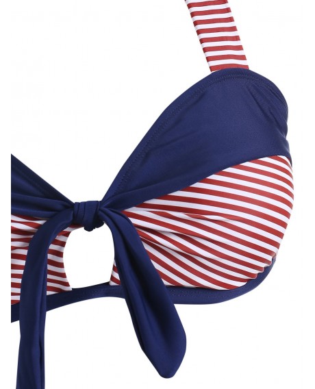 Plus Size Striped Halter Neck Swim Bra - Navy Blue Top L
