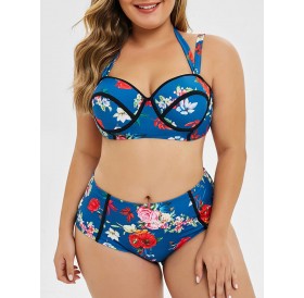 Floral Plus Size Underwire Bikini Set - Peacock Blue 2x
