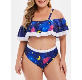 Planet Star Moon Print Overlay Plus Size Bikini Set - Deep Blue L