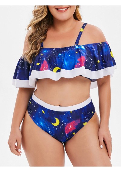 Planet Star Moon Print Overlay Plus Size Bikini Set - Deep Blue L