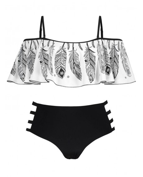 Plus Size Feather Print Cut Out Bikini Set - White 1x