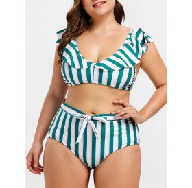 Plus Size Striped Ruffled Front Tie Bikini Set - Multi-a L