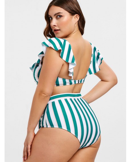Plus Size Striped Ruffled Front Tie Bikini Set - Multi-a L