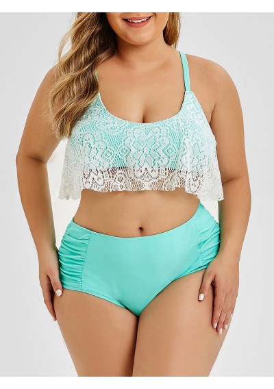 Overlay Lace Panel Plus Size Bikini Set - Light Aquamarine L