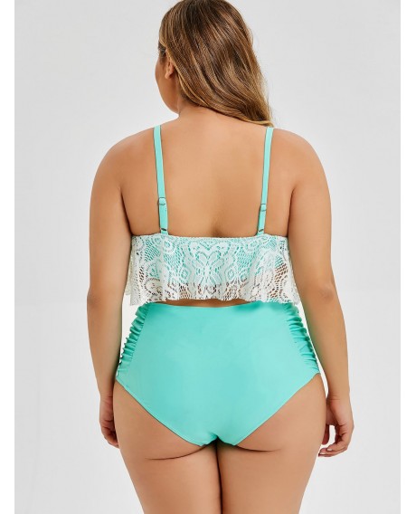 Overlay Lace Panel Plus Size Bikini Set - Light Aquamarine L
