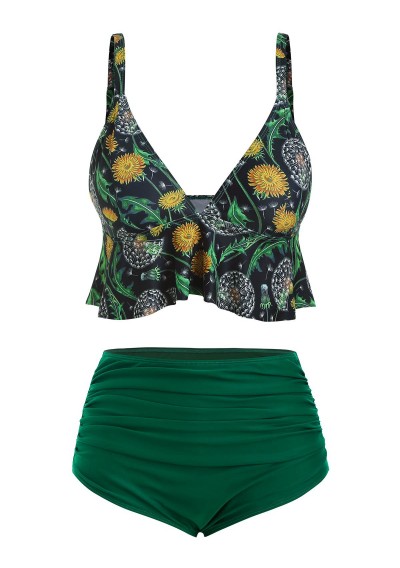 Dandelion Print Flounce Plus Size High Waisted Bikini Swimsuit - Deep Green 3x