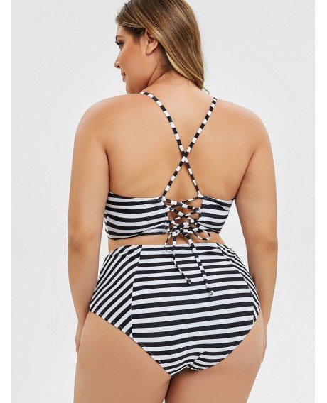 Floral Striped Lace-up Plus Size Bikini Set - Black 4x