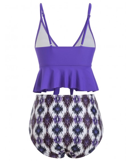 Knot Flounce Printed Plus Size High Waisted Bikini Swimsuit - Purple Amethyst 2x