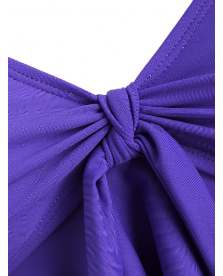 Knot Flounce Printed Plus Size High Waisted Bikini Swimsuit - Purple Amethyst 2x