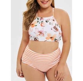 Plus Size Floral Striped High Rise Bikini Set -  L