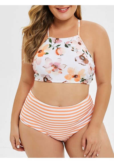 Plus Size Floral Striped High Rise Bikini Set -  L