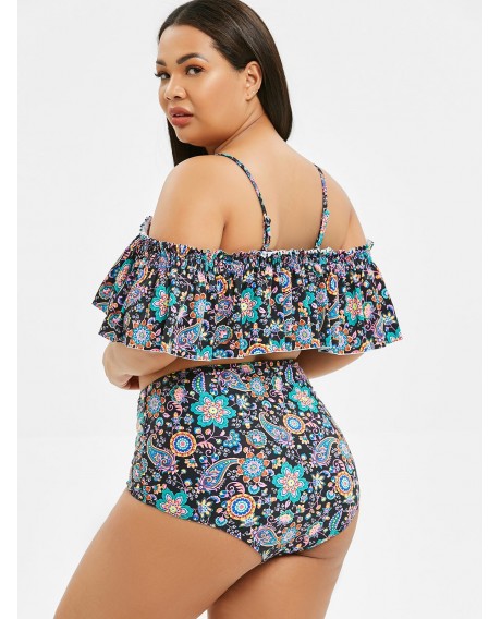 Plus Size Tribal Print Ruffle High Waist Bikini Set -  2x