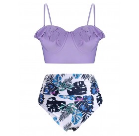 Plus Size Ruffled Laser Cut Tropical Print Bikini Set - Purple L