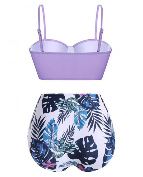 Plus Size Ruffled Laser Cut Tropical Print Bikini Set - Purple L