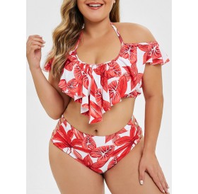 Plus Size Leaf Print Ruffled Lattice Bikini Set - Chestnut Red 3x