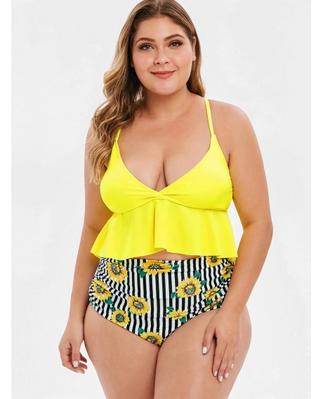 Plus Size Low Cut Sunflower Print Bikini Set - Sun Yellow 1x