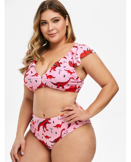 Dinosaur Print Flounces Plus Size Bikini Set - Pink L