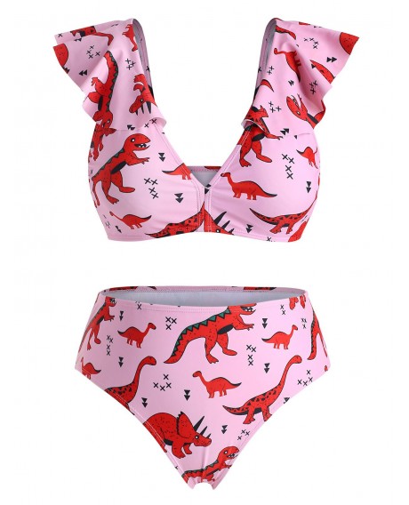 Dinosaur Print Flounces Plus Size Bikini Set - Pink L