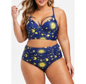 Sun Star Moon Strappy Plus Size Underwire Bikini Swimsuit - Denim Dark Blue M