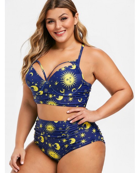 Sun Star Moon Strappy Plus Size Underwire Bikini Swimsuit - Denim Dark Blue M