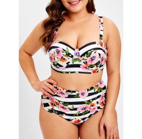 Plus Size Floral and Striped Print Underwire Bikini Set -  L