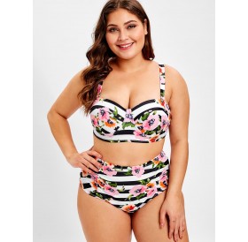 Plus Size Floral and Striped Print Underwire Bikini Set -  L