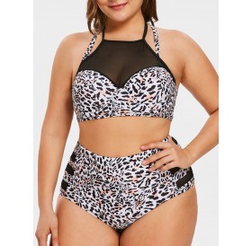 Leopard Print Mesh Panel Plus Size Bikini Set - White L
