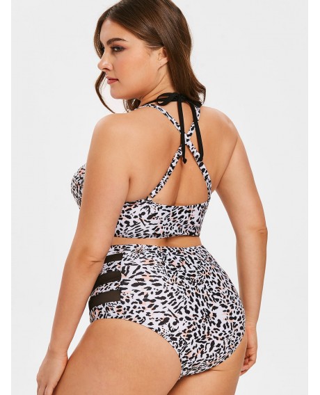 Leopard Print Mesh Panel Plus Size Bikini Set - White L