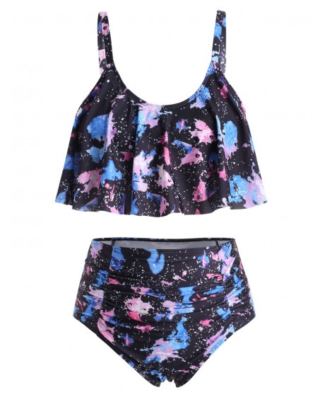 Plus Size Printed Flounce Trim Bikini Set - Black L