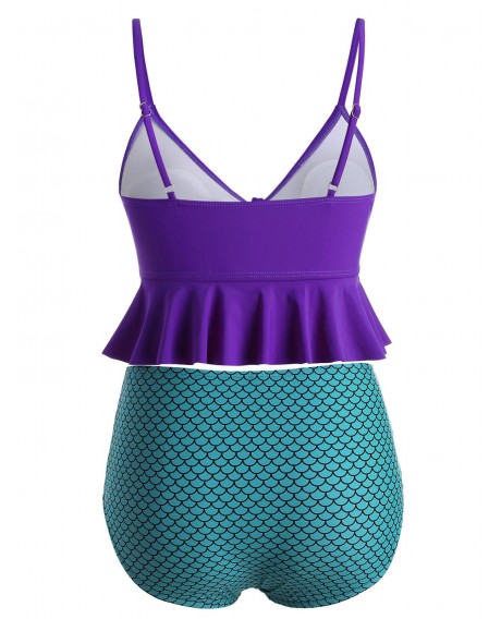 Plus Size Front Knot Mermaid Print Bikini Set - Purple L