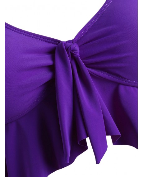 Plus Size Front Knot Mermaid Print Bikini Set - Purple L