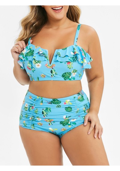 Plus Size Tropical Print Ruched High Rise Bikini Set - Celeste L