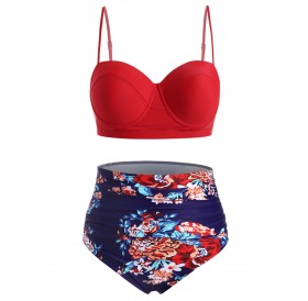 Push Up Floral Ruched Plus Size Bikini Swimsuit - Red 2x