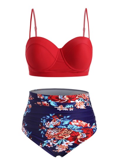 Push Up Floral Ruched Plus Size Bikini Swimsuit - Red 2x