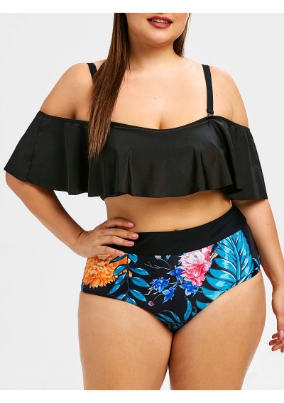 Plus Size Ruffled Tropical Print Bikini Set - Black Two Piece L