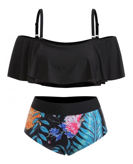 Plus Size Ruffled Tropical Print Bikini Set - Black Two Piece L